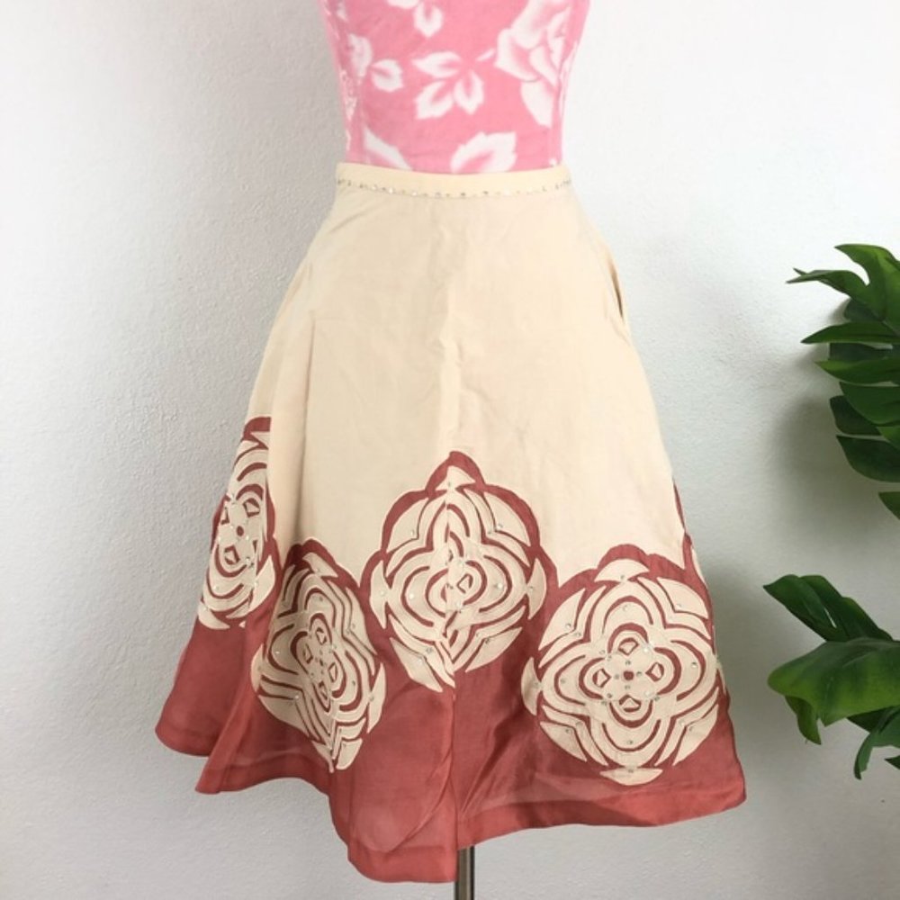 Anthropologie Odille Silk Floral Sequin Midi Skirt